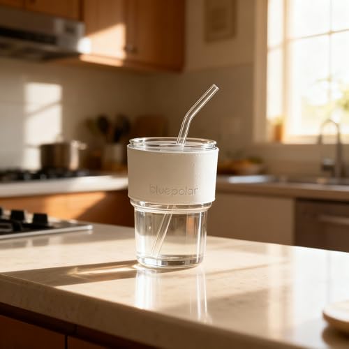 Image of BLUEPOLAR 13 oz Tumbler Water Glass, Water Bottle with Straw and Dustproof Lid, Coffee Ice Cup Double Wall Insulated Glass Cup (White with Protect Sleeve)