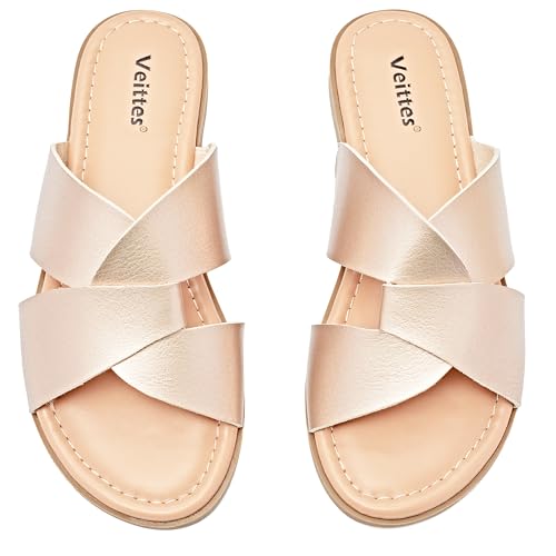 Veittes Sandalias planas para mujer - Zapatos de moda con tiras cruzadas para primavera y verano.(2307026,GD/MF,40.5)