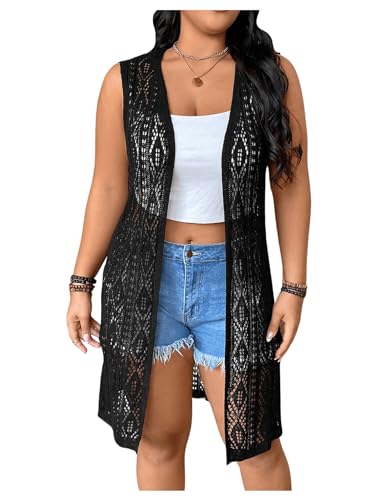 GORGLITTER Women's Plus Size Light Weight Sweater Cardigan Sleeveless Crochet Sheer See Through Long Vest Knit Tops