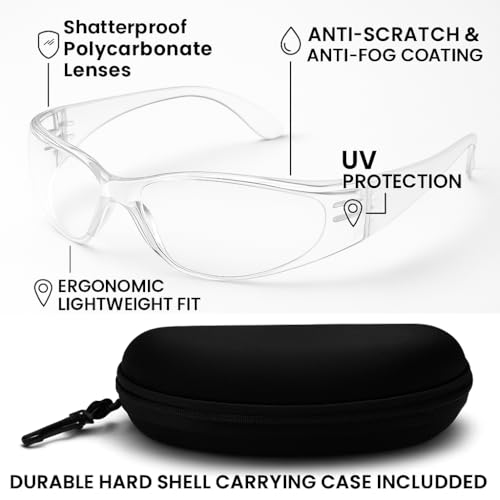 Image of KT Safety Glasses with Protective Hard Case - Transparent Anti-Scratch Safety Goggles for Eye Protection - Lightweight, Clear Lens Eyewear for Work, Lab, Riding & DIY Use