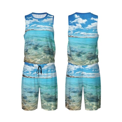 NONHAI Mens Basketball Jerseys Scenic sea Water Uniform Suit Mesh Sports Jersey Outfits T-Shirt and Short Sets Black
