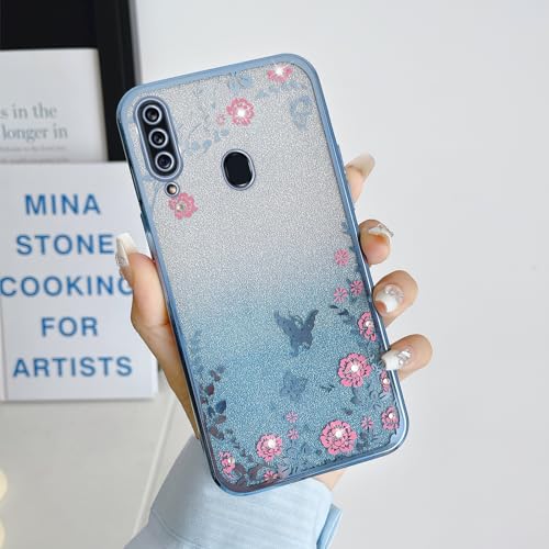 Image of Galaxy A20S Case, Gradual Change Glitter Crystal Soft TPU Stylish Butterfly Floral Heart Clear Protective Cover with Strap for Samsung Galaxy A20S (Blue)