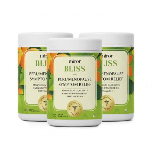 Image of Miror Bliss Menopause & Perimenopause Support Supplement for Women | Hormonal Balance, Hot Flash & Night Sweat Support | Sleep & Mood Support | Magnesium Glycinate, Ashwagandha, Shatavari, Evening Primrose Oil | (3 * 30 Tablets)