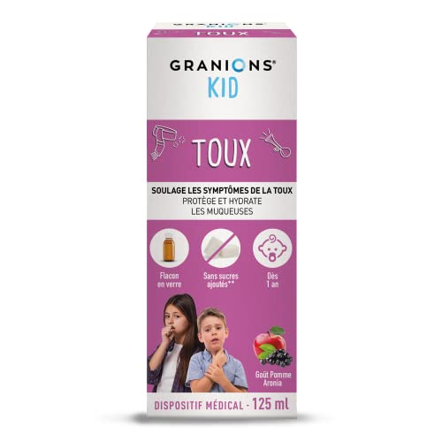 GRANIONS KID TOUX - Lichen d'Islande + Mauve - SOULAGE LES SYMPTOMES DE LA TOUX - PROTEGE ET HYDRATE LES MUQUEUSES - Dispositif médical - Dès 1 an - Goût pomme Aronia - 125 ml - Marque française Cover