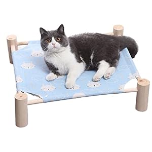 Pozico Cat & Dog Hammock Bed – Wooden Elevated Pet Cot with Breathable Mesh – Raised Cat Bed for Small Pets, Portable Puppy Bed Indoor & Outdoor Use – Blue Rabbit Design