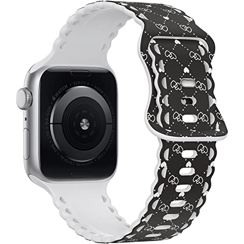 Image of Compatible with Apple Watch Band 41mm 40mm 38mm 49mm 45mm 44mm 42mm Women Girl, Heart-shaped Print Lace Hollow-out Soft Silicone Sport Bands For iWatch Ultra SE Series 10 9 8 7 6 5 4 3 2, Lov-42