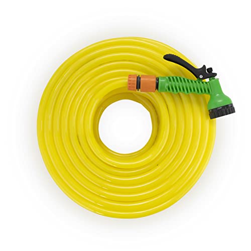 Garbnoire 15m 0.5 inch PVC Heavy Duty Yellow Garden Pipe | Lightweight, durable & flexible garden hose with garden accessories like hose quick connector, tap adapter & water spray gun (nozzle) | The best choice for outdoor-indoor use | Water hose pipe