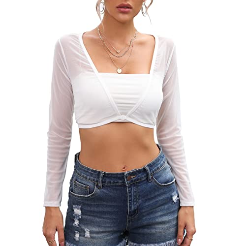 Image of Women's Crop Top Long Sleeve Shrug Lace Short Blouse Shrug Sexy Lace Lining Cardigan Sheer Cover Up