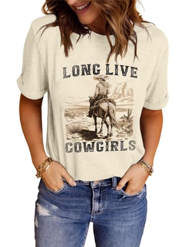 LINDOCITA Long Live Cowgirls Womens Western Graphic Shirts Teen Girls Cowboys Cute Summer Loose Short Sleeve Tshirt Tees Apricot M