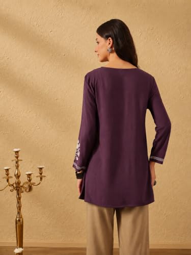 Image of QAZMI Women's Aari Embroidered Viscose Rayon Full Sleeves A-Line Flared Short Kurti