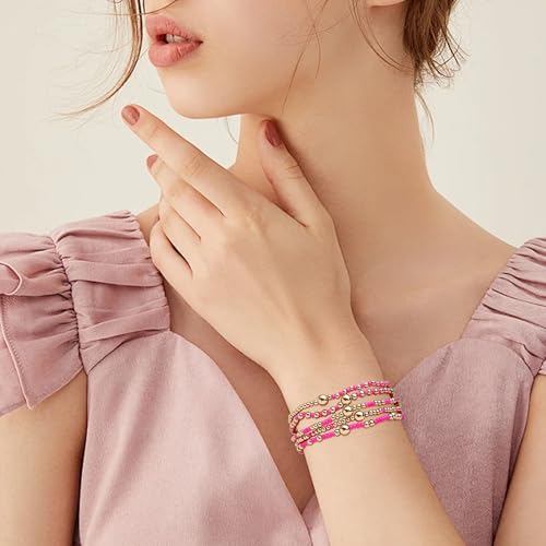 Rainbow Hot Pink Beads Stack Bracelets for Women, 5Pcs Cute Boho Handmade Gold Beaded Stackable Stretch Bracelet Everyday Fashion Jewelry Gift.2