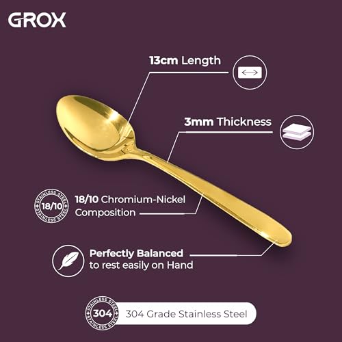 Image of GROX Curve Tea Spoon - Set of 6 | Gold | 14 cm | 304 Stainless Steel 18 /8 | Elegant Tea Spoon