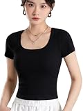 [Hillrill] Tシャツ レディース カップ付き 半袖 ブラトップ 綿82% 夏 スクエアネック 伸縮性 DX33 (ブラック,M)