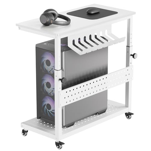 Adjustable Computer Tower Stand with Cable Management Rack, 2-Tier Rolling PC Tower Cart for Under Desk, Mobile CPU Holder with Locking Wheels, Printer Shelf, 22.8-34.1 Inch, White