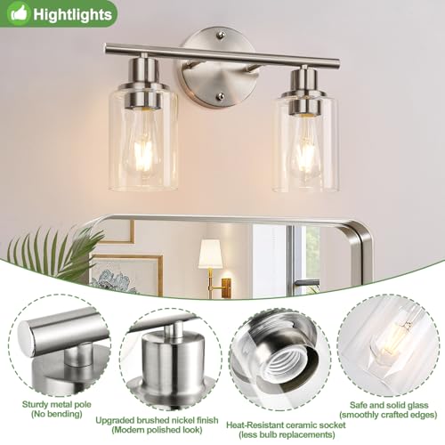 Image of Zarbitta 2-Light Bathroom Light Fixtures, Brushed Nickel Vanity Light, Modern Vanity Lights with Clear Glass Shade, Bathroom Wall Lamp for Mirror Kitchen Living Room Hallway Cabinet Porch