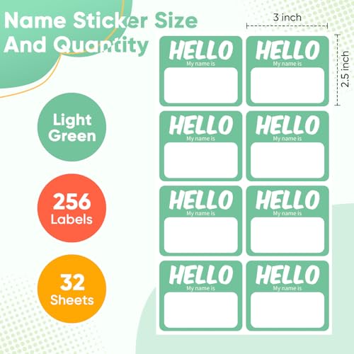 Image of 256 Pcs Name Tags Sticker 3 inchx2.5 inch Hello My Name is Stickers, Light Green Name Labels Adhesive Identification Name Badges for School, Office, Meeting, Family Parties, Mailing
