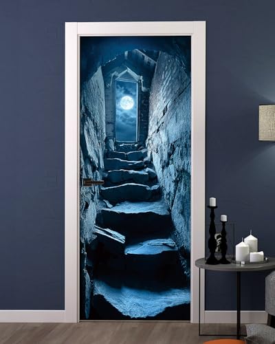 FLFK Door Decal Sticker Stone Staircase Moonlit 30.3"x78.7"