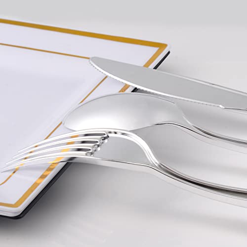Silver Plastic Silverware With Napkins - 100 Pack Premium Disposable Silver Plastic Cutlery Set, Pre Wrapped Plastic Utensils With 100 Forks, 100 Knives, 100 Spoons, 100 Napkins For Wedding Party #TOP5