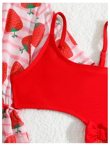 MakeMeChic Girl's One Piece Swimsuit Strawberry Print Cut Out Asymmetrical Bathing Suit with Cover Up3