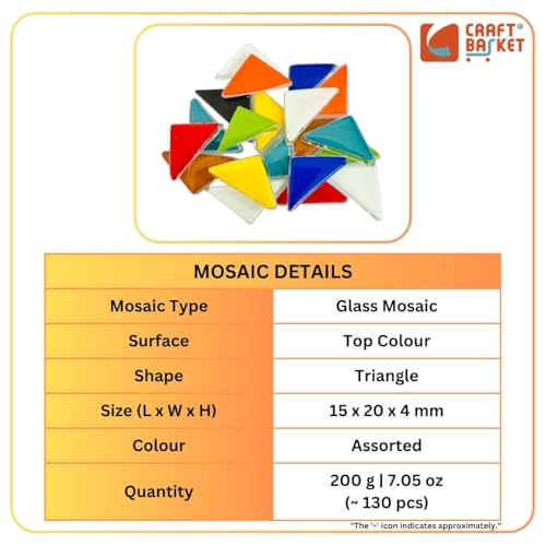 Image of CRAFT BASKET Assorted Colours Glass Mosaic Tiles (20 Variations) (All Packs: 100 g,200 g,500 g), DIY Mosaic Art, Decoration, Crystal Glass Mosaic Tiles (Top Colour Triangle), 200 g