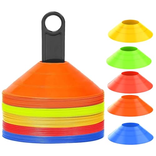 50 Stücke Hütchen Fussball, Runde Markierungshütchen mit Ständer, Fussball Trainingszubehör, Fussball Zubehör, Trainingshütchen für Fussball, Hockey, Handball, Koordinationstraining (5 Farben)
