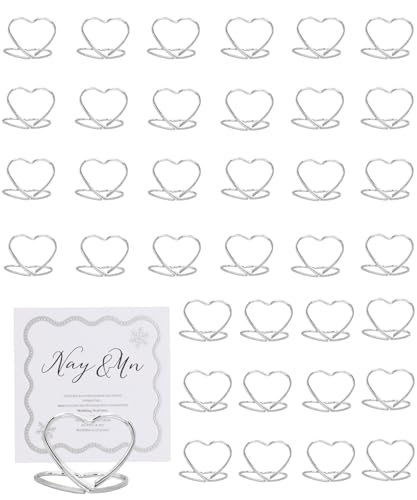 YUCHIYA 36 Pcs Heart Table Number Holders - Rust-Resistant Metal Place Card Stands for Weddings, Office & Home Decor (Silver)