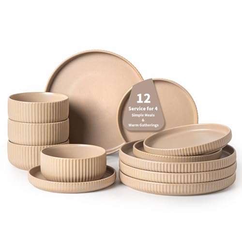 FOBENTA Dinnerware Sets for 4, 12-Piece Warm Taupe Plates and Bowls Sets, Stoneware Dish Set with Earthy Elegance, Microwave & Dishwasher Safe, Cozy & Versatile for Everyday Dining & Gatherings