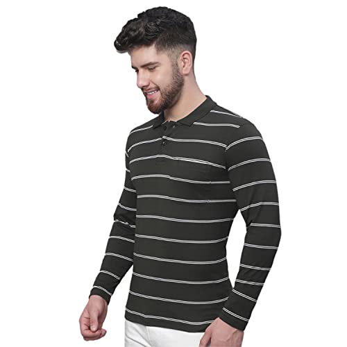 Image of Venitian Men Striped Cotton Polo Neck Full Sleeves T-Shirt with Pocket