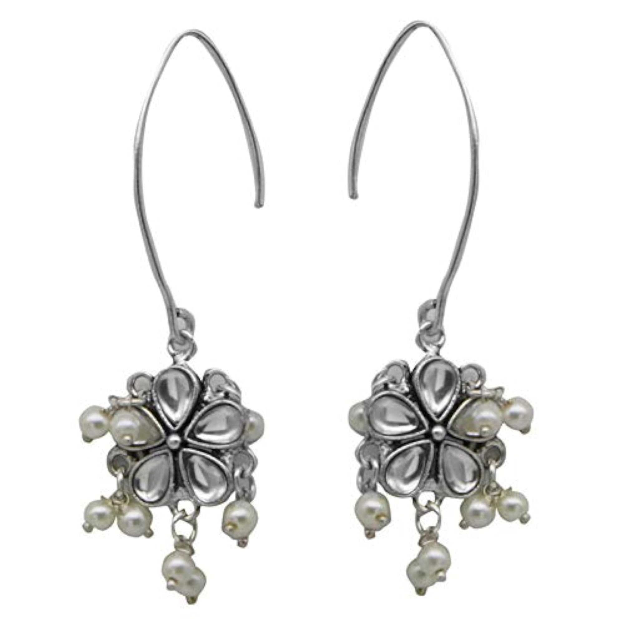 Mellow Polki Silver Oxidized Pearl Earrings