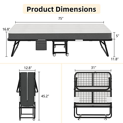 CAIYUN Folding Bed with Mattress and Storage Cover, Guest Beds, Portable Foldable Bed with Memory Foam Mattress, Cot Size Beds, Spare Bed, Rollaway Bed with Fold-up Metal Frame 75" x 31" by CAIYUN - Image 6