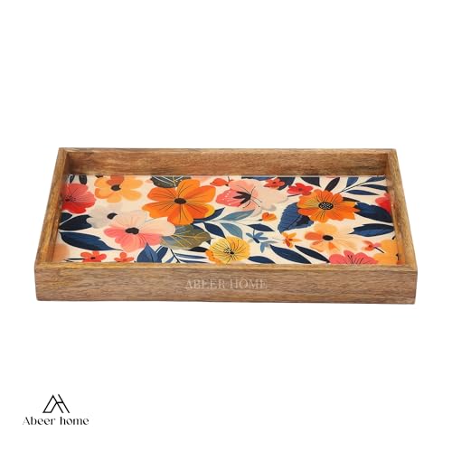 Image of Premium Wooden Rectangular Tray - 16 x 10 Inches | Tropical Leaf Pattern with Raised Edges | Durable Wood Rectangular Breakfast Tray | Wooden Serveware Trays for Tea, Snacks & Sweets, Home & Dining