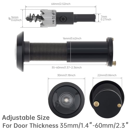 HOJLKLD Türspion, Türspion, 200 Grad, Zinklegierung, mit 16 mm Bohrer, für Türen von 3,8 cm bis 6,5 cm, Schwarz
