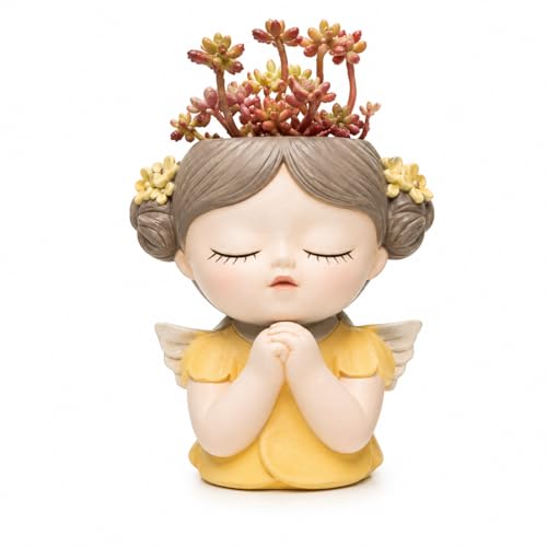 Image of Angel Succulent Planter Pot, Cute Praying Girl Resin Flower Pot with Drainage, Mini Indoor Plant Holder for Succulents, Cactus & Desk Decor, Home Office Gift, Yellow