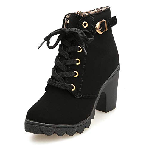 Botines De Altos Tacón Mujer,Piel con Plataforma Ante Forrados Cordones 8 Cm...