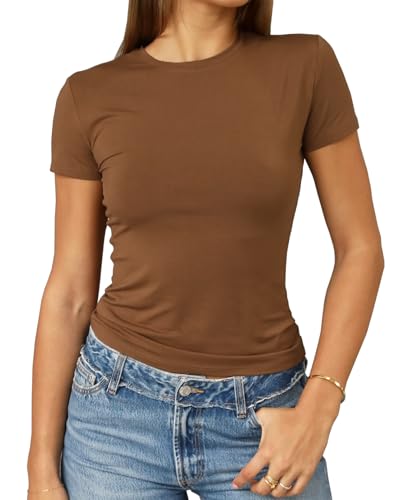 Foto de Abardsion - Camiseta corta para mujer, estilo casual, básica, ajustada, manga corta, cuello redondo (imagen 2)