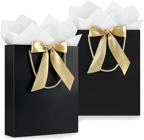 Image of JMANNI Gift Bags with Handles, 11.4 inch Small Mothers Day Gift Bag for Presents, 2 Pcs Bags with 4 Tissue Paper and 2 Cards for Baby Shower Wedding Bridal Shower Mother's Day Birthday Party (black)
