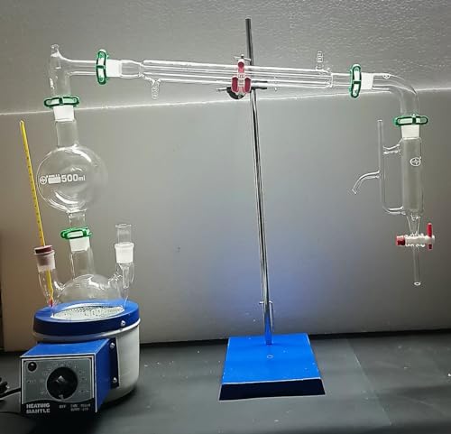 ISKO ® Borosilicate glass Steam Distillation apparatus complete set with stand Heating Mantle, GLASS PARTS and Heating Mantle thermometer (500 ML)