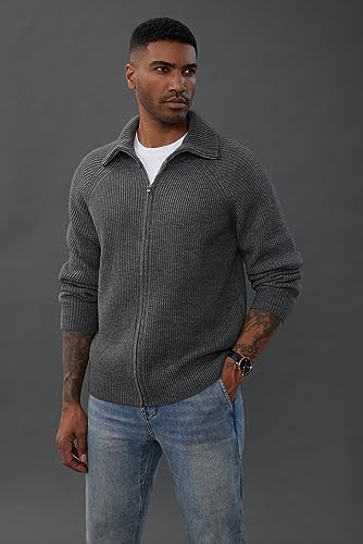 PJ PAUL JONES Men's Full Zip Cardigan Sweaters Unisex Relax Fit Lapel Collar Raglan Sleeve Casual Ribbed Sweater