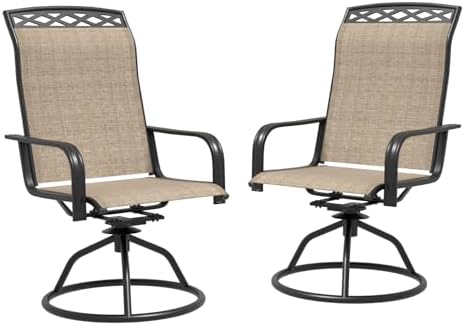 JMGJOY Patio Swivel Chair Set of 2, Outdoor High Back Textilene Dining Chairs – 360° Rotating & 15° Reclining, All-Weather Metal Frame for Garden, Deck, Poolside (Brown, 2-Piece)