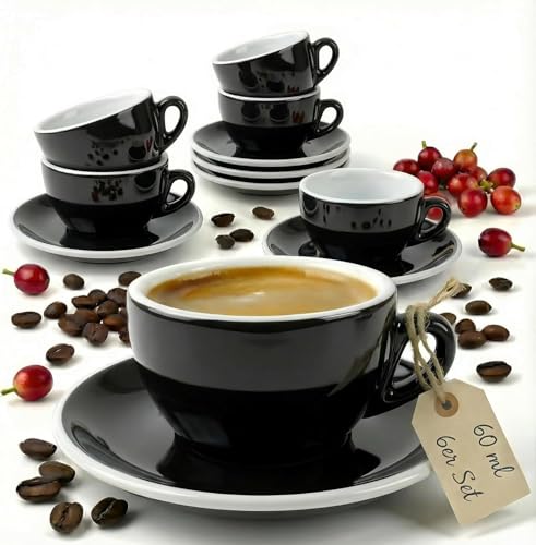 MUVELL Lot de 6 tasses à expresso avec soucoupes Noir/Blanc, 60 ml Style italien Paroi extra épaisse de 0,8 cm et finition lourde Résistant au lave-vaisselle Tasses à café moka coffret cadeau