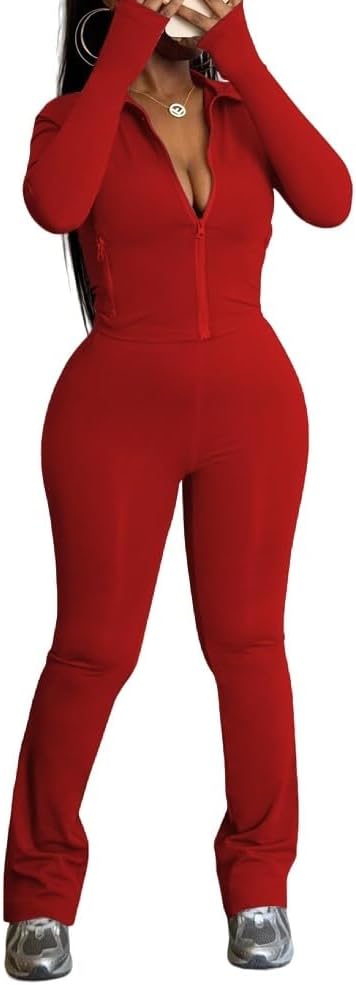 HBQ Women's Zip Up Tracksuit Set Long Sleeve Flare Pants
