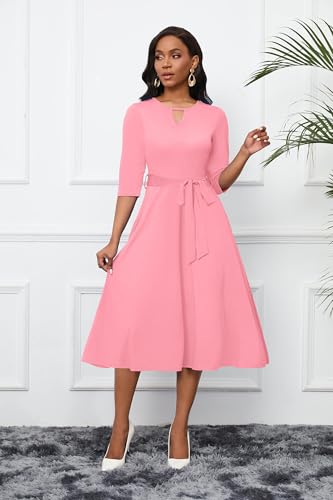 Image of CLOCOR Midi Dresses for Women Casual A-Line Fit and Flare Dress Crewneck 3 /4 Sleeve Keyhole Cocktail Party Church Dress