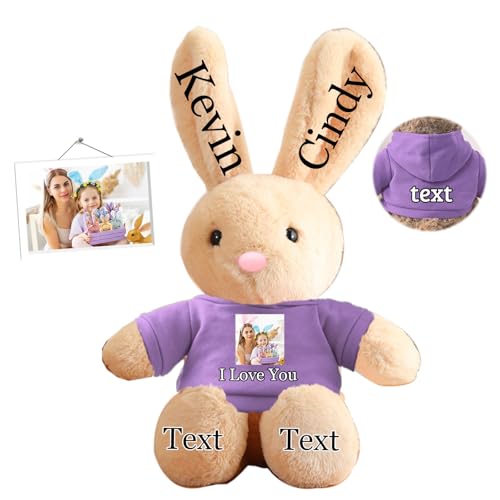 DRAJOIN Peluche Lapin Personnalisée, Lapin en Peluche Personnalisé avec Photo et Nom, Cadeau de Pâques pour Filles, Garçons, Enfants et Adultes, 35 cm