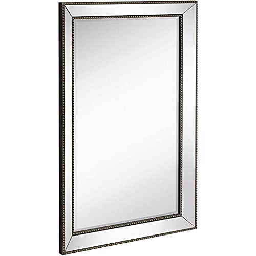 Hamilton Hills 24" X 36" Vanity Silver Framed Glass Rectangular Wall Mirror | Large Angled Beveled Mirror Frame And Beaded Accents | Premium Silver Backed Glass Panel | Hangs Horizontal Or Vertical #TOP5