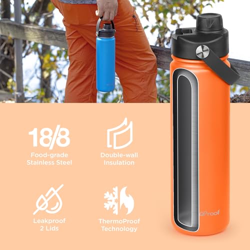 Image of ThermoProof Double-Walled Vacuum Insulated Stainless Steel Water Bottle - Wide Mouth with Chug & Spout Lids, Dishwasher Safe, Reusable, Leakproof, Hot & Cold for Men, Women - 22oz, Sunset Orange