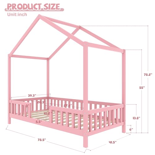Image of Twin Size Wood House-Shape Platform Bed with Roof Frame and Canopy, Montessori Floor Bed with High Railings and Slat Support for Kids Girls Boys, No Box Spring Needed (Pink-05, Twin)