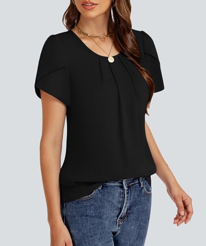 Funlingo Womens Tops Dressy Casual Summer Tunic Chiffon Blouse Pleated Front Crew Neck Shirts Loose Fit Business Flowy Top3