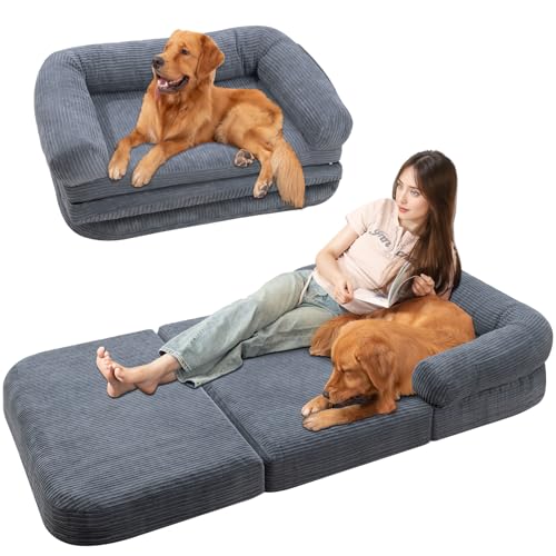 Foldable Human Dog Sofa Bed, 73x42x10 in Waterproof Corduroy Pet Bed with Egg Foam Mattress, Portable Dog Bed for Adults, Camping Indoor Use