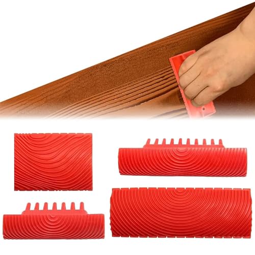 Herramienta de Grano de Madera,Veteador Efecto Madera,Herramienta Textura de Madera,Cepillo de Rodillo de Pintura de Grano,Pintura Efecto Madera de Goma para Decoración de Paredes,4 Piezas