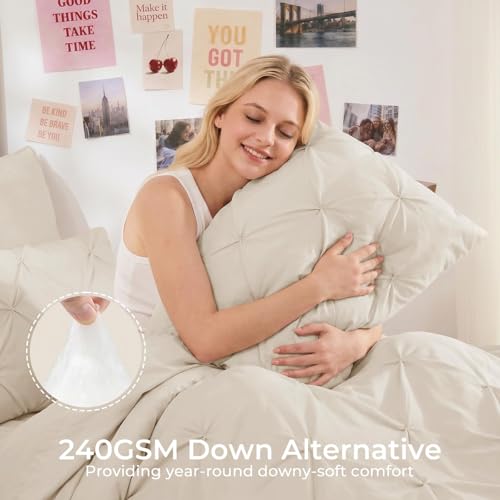Image of Sasttie Twin Comforter Set, 5-Piece Bed in a Bag, Pintuck Bedding Sets for All Season, Includes Comforter, Flat Sheet, Fitted Sheet, Pillowcase and Pillowsham, Beige